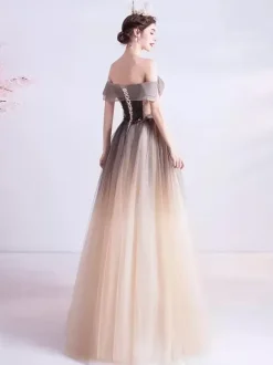 Evening Dress A-Line Bateau Neck Tulle Floor-Length Beaded Formal Dinner Dresses