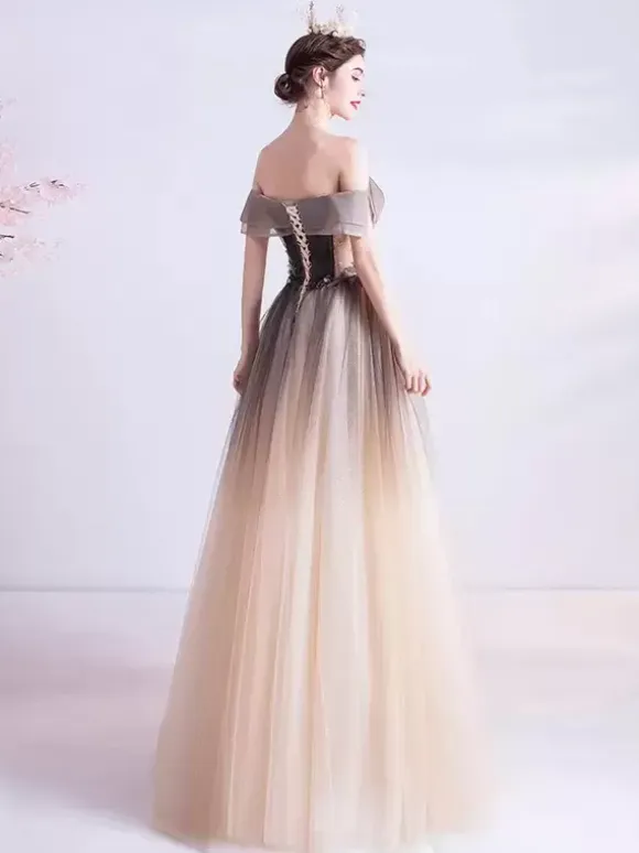 Evening Dress A-Line Bateau Neck Tulle Floor-Length Beaded Formal Dinner Dresses