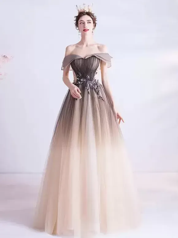 Evening Dress A-Line Bateau Neck Tulle Floor-Length Beaded Formal Dinner Dresses