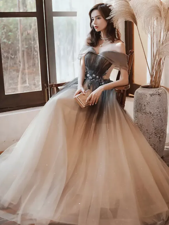 Evening Dress A-Line Bateau Neck Tulle Floor-Length Beaded Formal Dinner Dresses
