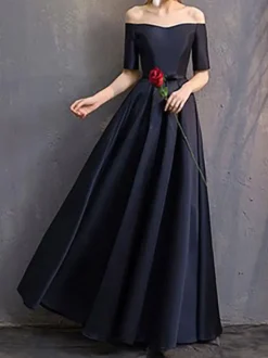 Evening Dress A-Line Bateau Neck Floor-Length Short Sleeves Lace-up Polyester Social Party Dresses