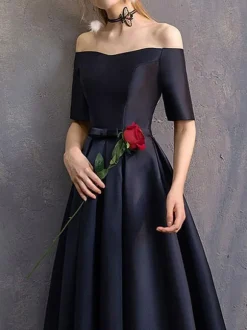 Evening Dress A-Line Bateau Neck Floor-Length Short Sleeves Lace-up Polyester Social Party Dresses
