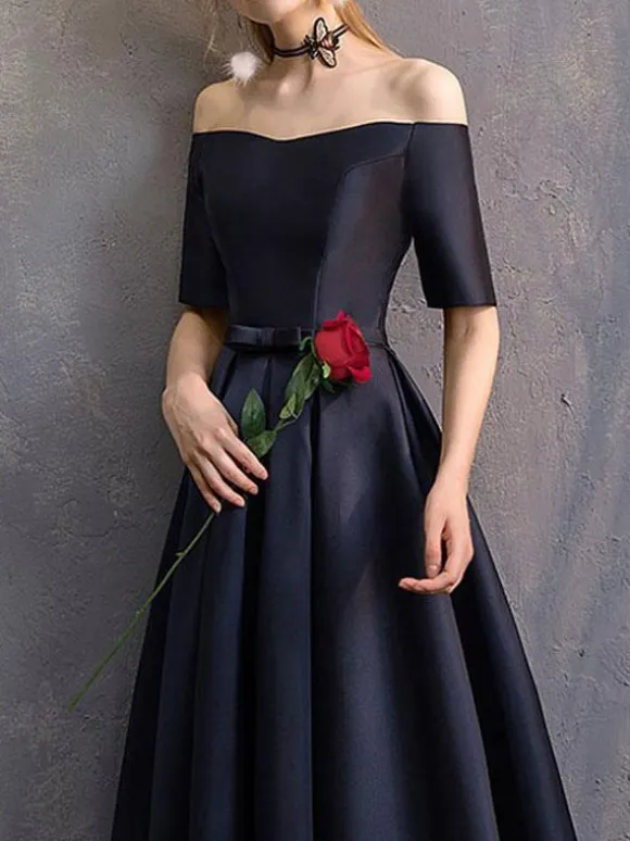 Evening Dress A-Line Bateau Neck Floor-Length Short Sleeves Lace-up Polyester Social Party Dresses