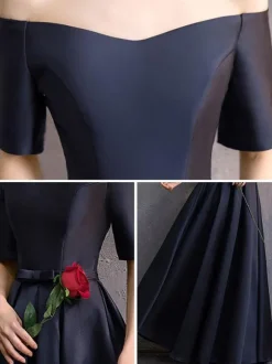 Evening Dress A-Line Bateau Neck Floor-Length Short Sleeves Lace-up Polyester Social Party Dresses