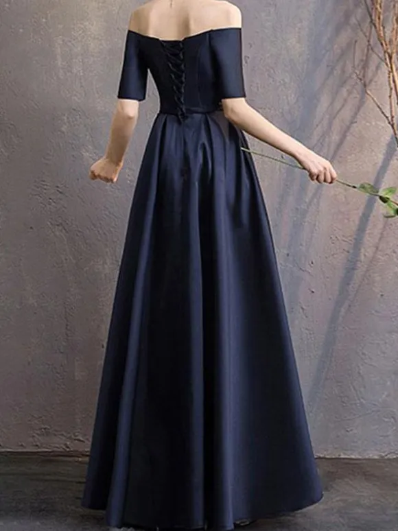 Evening Dress A-Line Bateau Neck Floor-Length Short Sleeves Lace-up Polyester Social Party Dresses