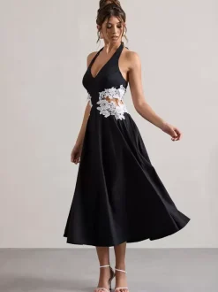 Evening Dress A-Line Designed Neckline Polyester Tea-Length Lace Formal Party Dresses