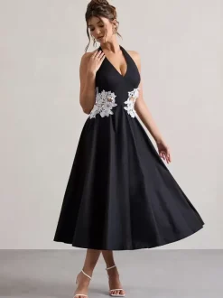 Evening Dress A-Line Designed Neckline Polyester Tea-Length Lace Formal Party Dresses