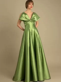 Evening Dress A-Line Designed Neckline Floor-Length Zipper Bows Satin Fabric Social Pageant Dresses