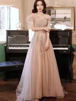 Evening Dress A-Line Illusion Neckline Floor-Length Short Sleeves Lace-up Applique Tulle Formal Party Dresses