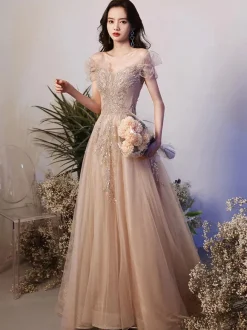 Evening Dress A-Line Illusion Neckline Floor-Length Short Sleeves Lace-up Applique Tulle Formal Party Dresses