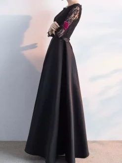 Evening Dress A-Line Jewel Neck Floor-Length Long Sleeves Lace-up Lycra Spandex Social Party Dresses