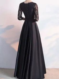 Evening Dress A-Line Jewel Neck Floor-Length Long Sleeves Lace-up Lycra Spandex Social Party Dresses
