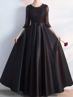 Evening Dress A-Line Jewel Neck Floor-Length Long Sleeves Lace-up Lycra Spandex Social Party Dresses