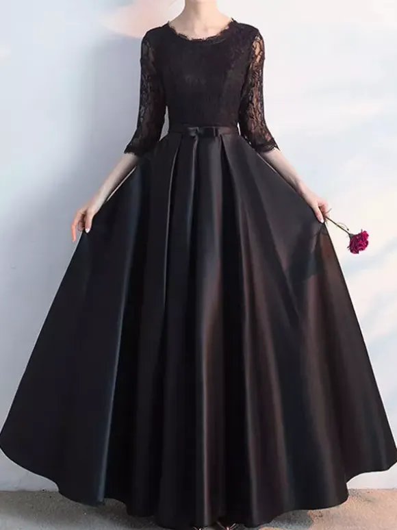 Evening Dress A-Line Jewel Neck Floor-Length Long Sleeves Lace-up Lycra Spandex Social Party Dresses