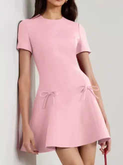 Evening Dress A-Line Jewel Neck Short Short Sleeves Zipper Bows Stretch Crepe Formal Party Dresses Free Customization