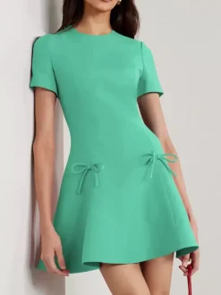 Evening Dress A-Line Jewel Neck Short Short Sleeves Zipper Bows Stretch Crepe Formal Party Dresses Free Customization
