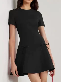Evening Dress A-Line Jewel Neck Short Short Sleeves Zipper Bows Stretch Crepe Formal Party Dresses Free Customization