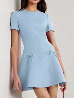 Evening Dress A-Line Jewel Neck Short Short Sleeves Zipper Bows Stretch Crepe Formal Party Dresses Free Customization