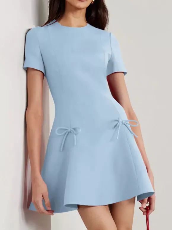 Evening Dress A-Line Jewel Neck Short Short Sleeves Zipper Bows Stretch Crepe Formal Party Dresses Free Customization