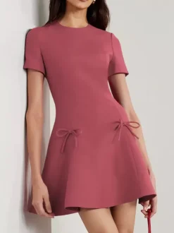 Evening Dress A-Line Jewel Neck Short Short Sleeves Zipper Bows Stretch Crepe Formal Party Dresses Free Customization