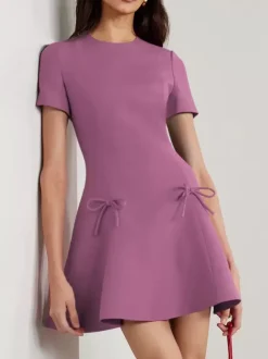 Evening Dress A-Line Jewel Neck Short Short Sleeves Zipper Bows Stretch Crepe Formal Party Dresses Free Customization