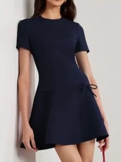 Evening Dress A-Line Jewel Neck Short Short Sleeves Zipper Bows Stretch Crepe Formal Party Dresses Free Customization