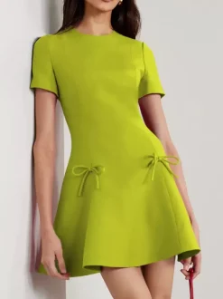 Evening Dress A-Line Jewel Neck Short Short Sleeves Zipper Bows Stretch Crepe Formal Party Dresses Free Customization