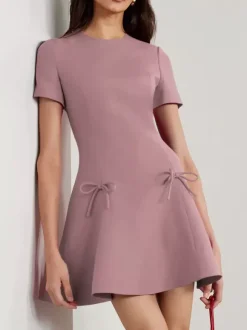 Evening Dress A-Line Jewel Neck Short Short Sleeves Zipper Bows Stretch Crepe Formal Party Dresses Free Customization