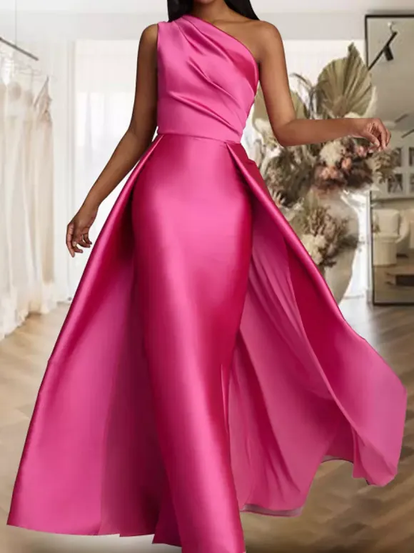 Evening Dress A-Line One-Shoulder Satin Fabric Floor-Length Pleated Formal Dinner Dresses