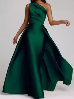 Evening Dress A-Line One-Shoulder Satin Fabric Floor-Length Pleated Formal Dinner Dresses