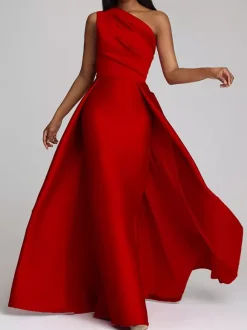 Evening Dress A-Line One-Shoulder Satin Fabric Floor-Length Pleated Formal Dinner Dresses