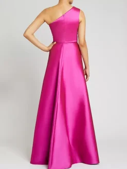 Evening Dress A-Line One-Shoulder Satin Fabric Floor-Length Pleated Formal Dinner Dresses
