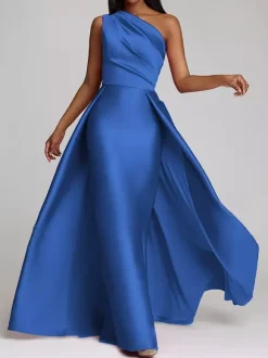 Evening Dress A-Line One-Shoulder Satin Fabric Floor-Length Pleated Formal Dinner Dresses