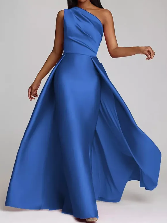 Evening Dress A-Line One-Shoulder Satin Fabric Floor-Length Pleated Formal Dinner Dresses