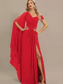 Evening Dress A-Line One-Shoulder Floor-Length Short Sleeves Zipper Pleated Chiffon Formal Dinner Dresses