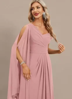 Evening Dress A-Line One-Shoulder Floor-Length Short Sleeves Zipper Pleated Chiffon Formal Dinner Dresses