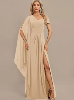 Evening Dress A-Line One-Shoulder Floor-Length Short Sleeves Zipper Pleated Chiffon Formal Dinner Dresses