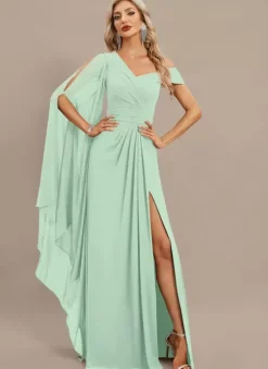 Evening Dress A-Line One-Shoulder Floor-Length Short Sleeves Zipper Pleated Chiffon Formal Dinner Dresses