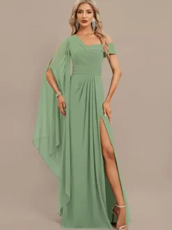 Evening Dress A-Line One-Shoulder Floor-Length Short Sleeves Zipper Pleated Chiffon Formal Dinner Dresses