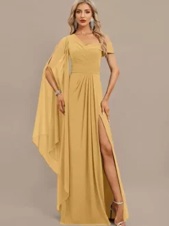Evening Dress A-Line One-Shoulder Floor-Length Short Sleeves Zipper Pleated Chiffon Formal Dinner Dresses