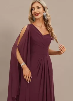 Evening Dress A-Line One-Shoulder Floor-Length Short Sleeves Zipper Pleated Chiffon Formal Dinner Dresses