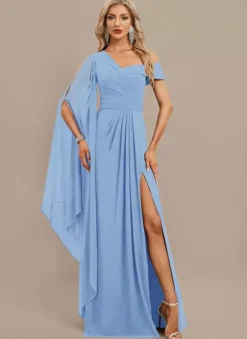 Evening Dress A-Line One-Shoulder Floor-Length Short Sleeves Zipper Pleated Chiffon Formal Dinner Dresses