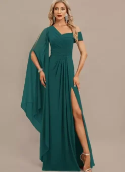 Evening Dress A-Line One-Shoulder Floor-Length Short Sleeves Zipper Pleated Chiffon Formal Dinner Dresses