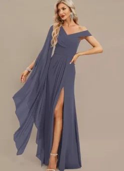 Evening Dress A-Line One-Shoulder Floor-Length Short Sleeves Zipper Pleated Chiffon Formal Dinner Dresses