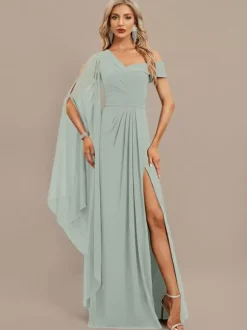 Evening Dress A-Line One-Shoulder Floor-Length Short Sleeves Zipper Pleated Chiffon Formal Dinner Dresses