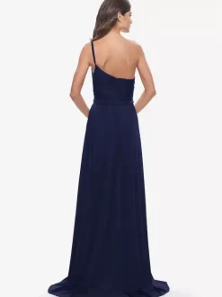 Evening Dress A-Line One-Shoulder Satin Fabric With Train Formal Dinner Dresses