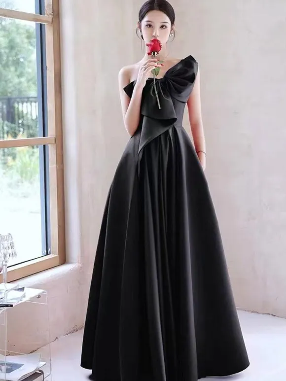 Evening Dress A-Line One-Shoulder Satin Floor-Length Bows Formal Dinner Dresses Free Customization