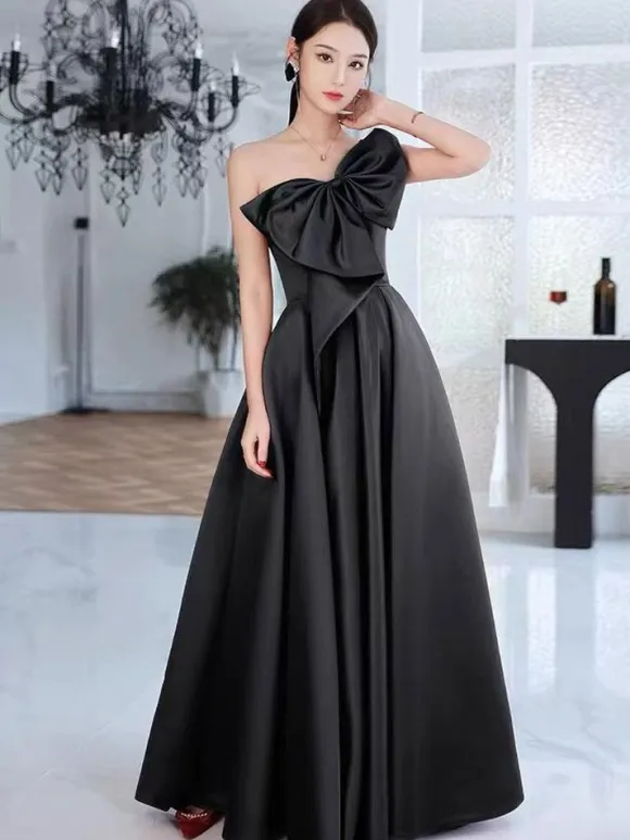 Evening Dress A-Line One-Shoulder Satin Floor-Length Bows Formal Dinner Dresses Free Customization