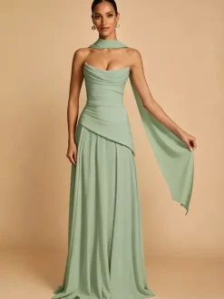 Evening Dress A-Line Strapless Chiffon With Train Pleated Social Pageant Dresses