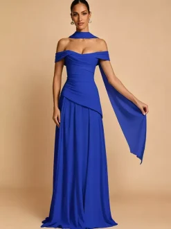 Evening Dress A-Line Strapless Chiffon With Train Pleated Social Pageant Dresses